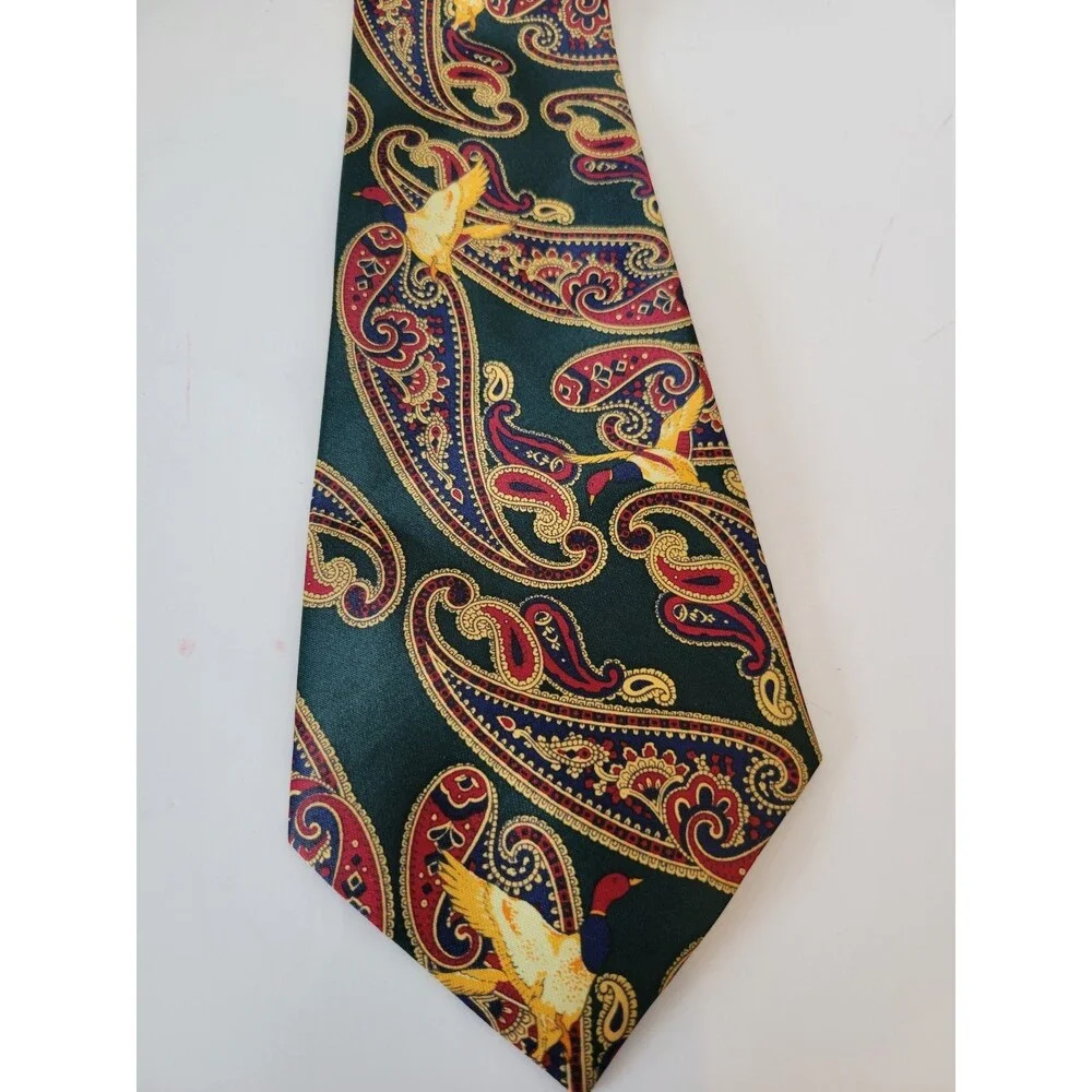 René Chagal‎ Men's Tie Green Red Yellow Paisley Silk Handmade
